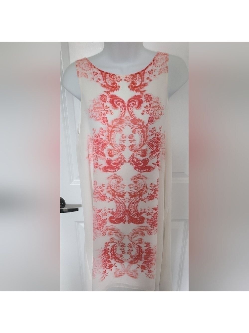 MAX STUDIO Mid Length Sheer Abstract Print White & Red Sleeveless Dress Size Med - Picture 4 of 10